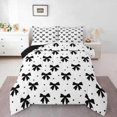 Imagem de jejeloiu Conjunto de cama Queen com laço preto, para crianças, meninos, meninas, adolescentes, preto e branco, conjunto de edredom moderno, simples, 3 peças