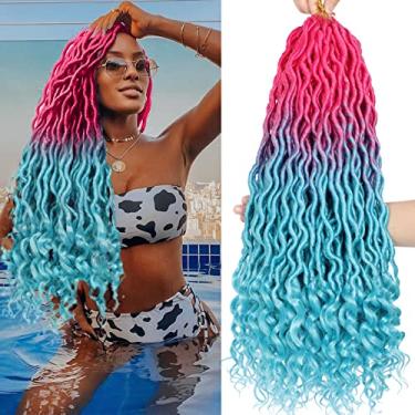 Imagem de Ms Aloe Pacote com 5 cabelos cacheados falsos de crochê (120 fios) rosa azul lago ombré ondulado com pontas encaracoladas pré laçadas para mulheres negras (50,8 cm, rosa/azul lago)