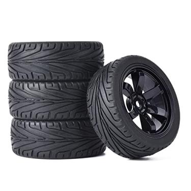 Imagem de WONFAST 4PCS RC Car Rubber Tires and Plastic Wheels Rims Compatible with 1/10 Scale On Road Touring Racing Flat Drift Car Traxxas HSP HPI Tamiya Sakura (Black)