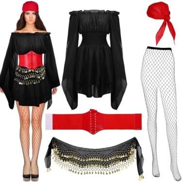 Imagem de Crowye 5 peças de acessórios femininos de fantasia de pirata, vestido renascentista com espartilho de Halloween, roupa de pirata feminina, Preto, S Size
