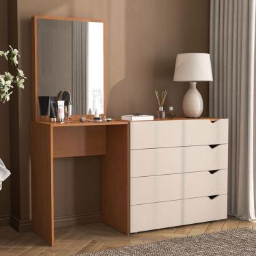 Imagem de Cômoda Porto 4 Gavetas com Espelho Creme/Freijó - Politorno