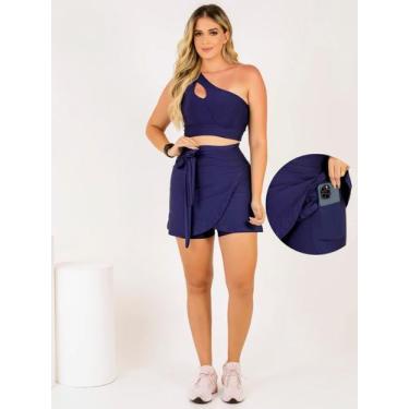 Imagem de Conjunto Fitness Feminino Short Saia Com Bolso + Top Cropped Moda Evan