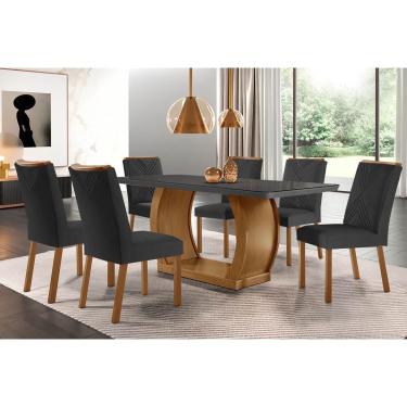 Imagem de Conjunto: Mesa Sala Jantar Jade c/ Tampo Madeirado c/ Vidro Canto Curvo 180x90cm e 6 cadeiras Amsterdã Imbuia/Grafite - Suede Grafite - Rufato