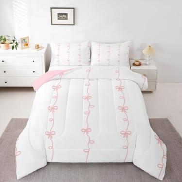 Imagem de Homewish Conjunto de edredom casal com laço, linhas rosa, 3 peças, decoração de quarto de crianças, adolescentes, meninas, mulheres, conjunto de edredom branco moderno e reversível, 2 fronhas