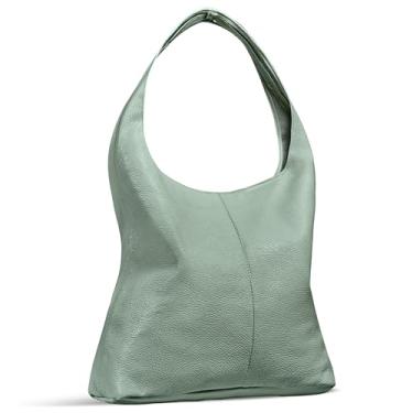 Imagem de Bolsa Hobo Feminina de Couro Genuíno Italiano com Zíper | Bolsa de Ombro de Couro de Vaca Real Despojada Macia, Sem Forro, Bolsa Grande, Verde sálvia, Large