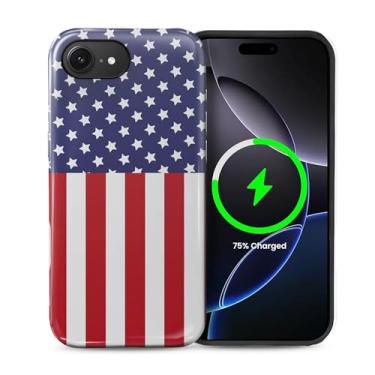 Imagem de Punmada Capa para iPhone 16e MagSafe, capa rígida híbrida à prova de choque de silicone protetora de corpo inteiro brilhante para iPhone 16e bandeira americana padrão azul vermelho