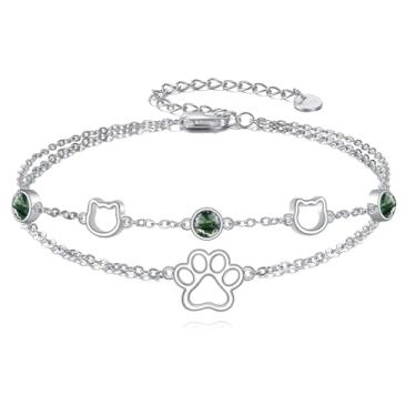 Imagem de Tornozeleira feminina delicada com musgo ágata gato - prata esterlina 925 com estampa de pata natural ágata em camadas tornozeleira para mulheres, aniversário, aniversário, Natal, joias presentes