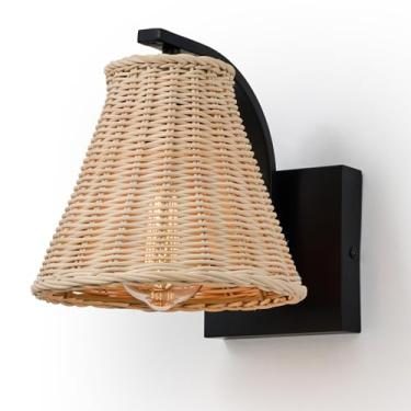 Imagem de Arandela de parede de vime boho, luminária de parede embrulhada com abajur de vime tecido à mão, montagem na parede de cabeceira rústica com fio para quarto, sala de estar, corredor, banheiro, cozinha