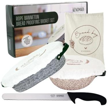 Imagem de Kenomaza Banneton – Cestas de vime redondas de 23 cm e ovais de 25,4 cm, faca de 25,4 cm para fermento, bolsa de armazenamento de linho – Kit de cozimento para pães artesanais