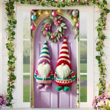 Imagem de BlissYard Capa de porta de Natal, guirlanda de gnomo, decoração dupla de elfo com pingente de livro de histórias mágico, faixa de varanda de feriado, 89 x 188 cm, cenário de entrada para pendurar em