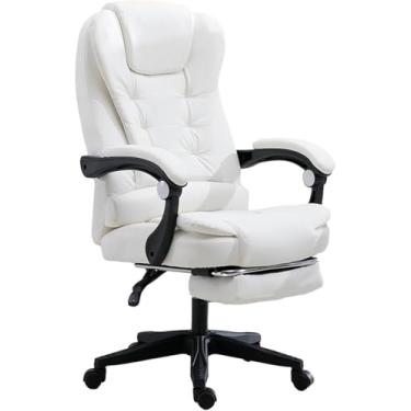 Imagem de Cadeira Ergonômica Para Escritório Em Casa, Poltrona Giratória De 360° Para Computador Com Encosto Inclinável E Apoio Para Os Pés, Cadeira De Mesa De Couro C, White, Height 114-122CM
