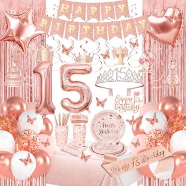 Imagem de Decorações de aniversário de 15 anos de ouro rosa, decorações de feliz aniversário de 15 anos para meninas, pacotes de festa de aniversário com faixa de ouro rosa, balões número 15, faixa, coroa