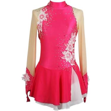 Imagem de Meninas Patinação Artística Vestido Terno De Competição Mulheres Mangas Compridas Strass Ginástica Collant Ballet Dança Outfit, Rose Red, 3XS