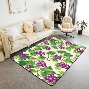 Imagem de Tapete infantil de uva, folhas botânicas verdes, natureza rústica, tapete de entrada, tapete antiderrapante de frutas de verão Havaí, roxo bege, cadeiras para sofá e sala de estar, 1,5 m x 1,82 m