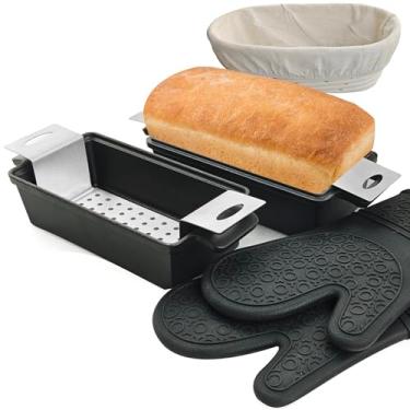 Imagem de Forma de forno de ferro fundido 2 em 1 - Formas de pão duráveis de 23 x 12,7 cm, retangulares com cesta à prova de pão Banneton para assar em casa, conjunto de 2 peças - 1,8 L × 2 peças (tapetes de