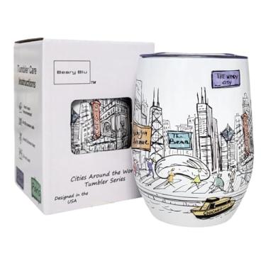 Imagem de Beary Blu Cidades ao redor do mundo Série de copos de 355 ml - Projetado nos EUA - Copo isolado a vácuo com tampas - Caneca de viagem de aço inoxidável para vinho e café, água, para bebida quente e
