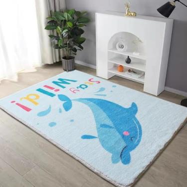 Imagem de Tapete infantil lavável 10 x 15 cm - Tapete de cozinha com padrão de golfinho corredor azul macio tapete antiderrapante para banheiro, sala de estar, quarto (1,2 x 1,8 m)