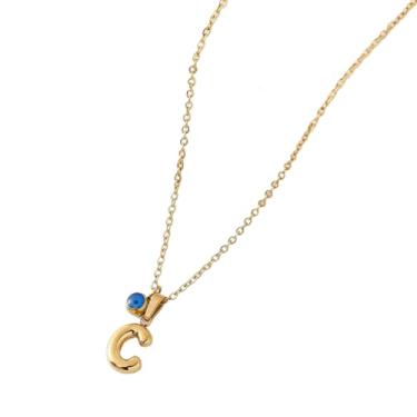 Imagem de Qermolas Colar com inicial bolha dourada com olho turco azul de aço inoxidável declaração delicada letra do alfabeto joia pingente inchado para mulheres, Aço inoxidável, Sem Pedra Preciosa