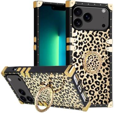 Imagem de DMaos Capa para iPhone 17 com anel para mulheres, ouro lindo strass Bling Diamond Kickstand para iPhone17 6,3'' - Leopardo