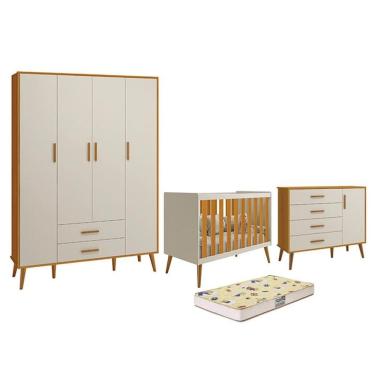 Imagem de Dormitório Infantil Isis Guarda Roupa 4 Portas, Cômoda 1 Porta e Berço Areia/Savana com Colchão D18 - Reller Móveis