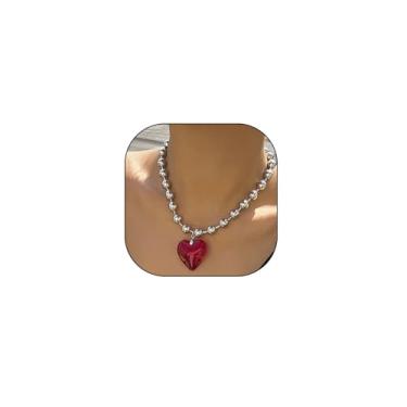 Imagem de Colar gargantilha de coração grosso, moderno, com contas, punk, grande, acrílico, coração, coração, vermelho/preto, joia feminina, one size, Metal, Sem Pedra Preciosa