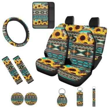Imagem de Horeset Girassóis astecas 13 peças conjunto completo de acessórios de carro capas com capa de volante capa de apoio de braço capas de cinto de segurança porta-copos e chaveiro capa de batom universal
