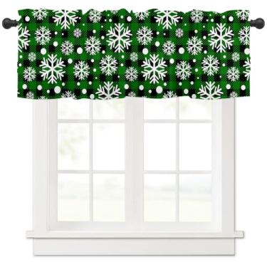 Imagem de Cortinas de cozinha de Natal, sanefas para janelas, floco de neve, verde, preto, buffalo, xadrez, bolso para varão, pequena sanefa, tratamentos de janela, cortina curta para decoração de banheiro