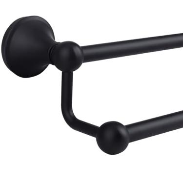 Imagem de Ntipox Barra de toalha dupla de banheiro vintage de 61 cm, preto fosco, toalheiro para banheiro montado na parede, suporte de toalha de banheiro preto, dois ganchos de varão de toalha para hotel