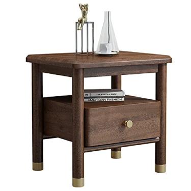 Imagem de Mesa lateral de cama de 2 camadas com gaveta de armazenamento, armário de armazenamento industrial, mesa de cabeceira, pernas de madeira maciça, sala de estar, quarto, móveis