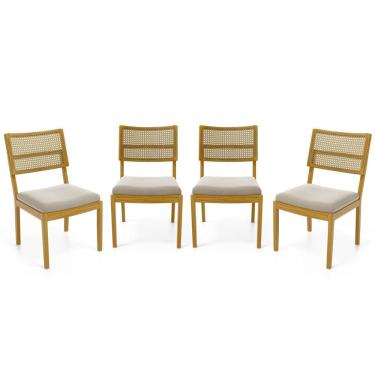 Imagem de Kit Com 4 Cadeiras Milena Madeira Maciça Assentos Estofados Encostos De Tela Palha Sextavada