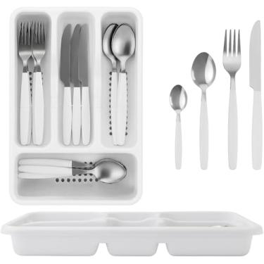 Imagem de Jogo de Talheres 25 Peças com Porta-Talher – Faqueiro em Aço Inox com Cabos Brancos | Ideal para 6 Pessoas | Design Moderno e Ergonômico
