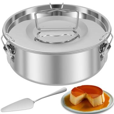 Imagem de Molde de flan de aço inoxidável com tampa Molde de flan de 19 cm com 2 alças 1,5 QT Flanera Flan Maker Forma redonda para assar bolo com espátula para pudim de bolo de cheesecake