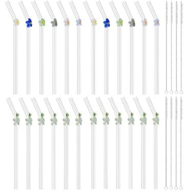 Imagem de 24 canudos reutilizáveis de vidro transparente com 8 peças de escova de limpeza, resistente ao calor, lindos canudos dobrados de flores para smoothies, chás, sucos, milkshakes, coquetéis (24 peças
