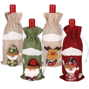 Imagem de 4un Sacos para Garrafas Vinho Natal, Lindos Sacos Presente Vinho Natal com Boneco Neve Papai Noel e Alce com Cordão Capas Garrafa Estopa Reutilizáveis para Decoração Festas Fim Ano