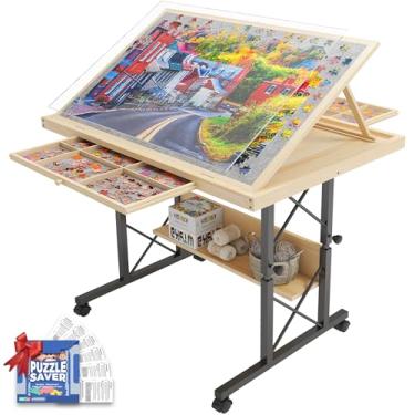 Imagem de Easyego Mesa De Quebra-Cabeça De 1500 Peças Com Pernas Para Adultos, Mesa Com 5 Ângulos De Inclinação E Altura Ajustável Com Gavetas, Tabuleiro De Quebra-Cabeça De Madeira Com Barra De Suporte Esten