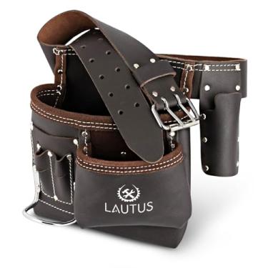 Imagem de LAUTUS Cinto de ferramentas curtido a óleo com 5 bolsas/bolsas/carpinteiro avental, construção, emolduradores, faz-tudo, eletricista | 81 a 116 cm | Marrom, suporte de martelo | Construído com resistência|