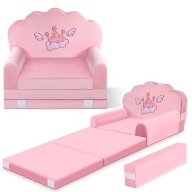 Imagem de Sofá cama infantil Crown com capa removível lavável e encosto de fita mágica – Cadeira infantil dobrável, móveis aconchegantes de veludo de cristal para brincar, cochilos e viagens (rosa claro, coroa)