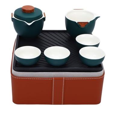 Imagem de Depisuta Conjunto de chá Chinês Gongfu, Conjunto de Bule de Cerâmica Portátil Verde Escuro Com Xícaras, Vasilha de chá e Estojo de Armazenamento Marrom para Viagens, Casa e Escritório