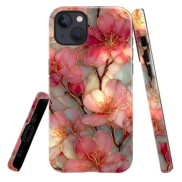 Imagem de heindiy Compatível com iPhone 15 Plus, capa brilhante, proteção total, à prova de choque, anti-arranhões, capa de TPU, capas para homem, mulher, flores rosa, vitrais