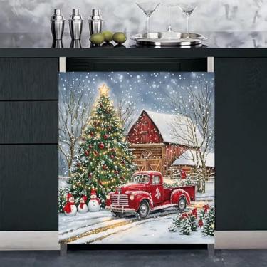 Imagem de Capa de ímã de lava-louças de árvore de Natal Red Barn, painel de capa de cena de boneco de neve de caminhão vermelho, adesivo magnético de vinil de geladeira para decalque de decoração de cozinha, 58