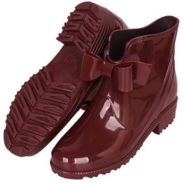 Imagem de Bigfanshu Botas femininas de cano curto de borracha para chuva à prova d'água na moda bota gelatinosa com elástico sapatos de chuva, Vermelho, 12