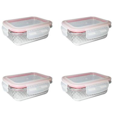Imagem de 4 Potes De Vidro Diamond Retangular 370Ml Vermelho Hermético