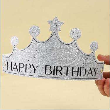 Imagem de 1 peça coroa de festa de aniversário dobrável prata fosco chapéu de papel tamanho adulto design dobrável para festas, adereços de fotos, decoração de mesa, cinza dourado