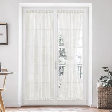 Imagem de Cortina de semi porta para janela pequena, cobertura de janela de bolso de haste de volile esmagado, persiana francesa com filtro de luz para cozinha, 2 painéis, 66 cm L x 183 cm C, bege claro