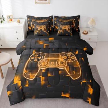Imagem de Erosebridal Jogo de cama solteiro moderno para jogos, 7 peças, jogo de cama com lençol | Jogo de cama geométrico ombré, para quarto de crianças, meninos e adolescentes, laranja