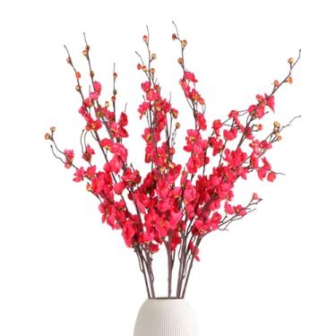 Imagem de GrainBuds 8 peças de flores artificiais de flor de cerejeira vermelha rosa para decoração interna de primavera, verão, flores falsas, caules de 93 cm, plantas de pêssego falsas para casamento, casa