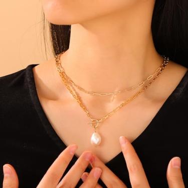 Imagem de Colar feminino banhado a ouro 14 K – disco suave de pérola de camada dupla delicada de 36 cm, hipoalergênico personalizado, não mancha, presente de aniversário de Natal, joias modernas, 14+2", Pérola