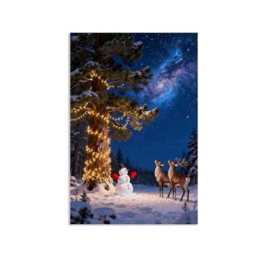 Imagem de Arte de parede de Natal, boneco de neve, decoração de parede, árvore de boneco de neve, sob o céu estrelado, inverno, pintura de natal para sala de estar, quarto, Papai Noel, tela, imagens de Natal
