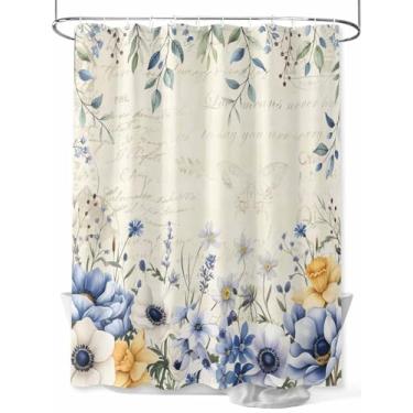 Imagem de Cortina de chuveiro Blue Farmhouse Flowers com folhas retrô, tecido lavável à prova d'água, conjunto de cortinas de banheiro para decoração de banheiro, 91 x 182 cm de comprimento, letra bege