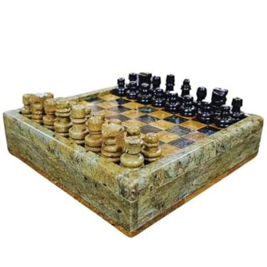 Imagem de Jogo de Xadrez e Damas em Pedra Sabão, Tabuleiro Artesanal com Compartimento, 18cm x 18cm, Peças Pretas e Douradas